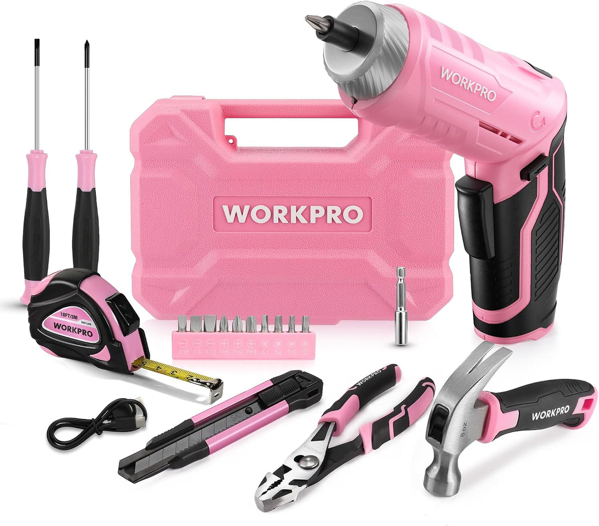 Pink Tool Set, 3.7V Electric Screwdriver Kit with Toolbox