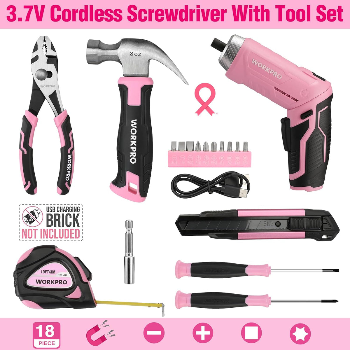 Pink Tool Set, 3.7V Electric Screwdriver Kit with Toolbox