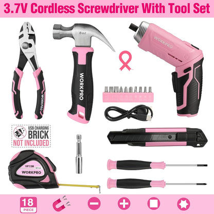 Pink Tool Set, 3.7V Electric Screwdriver Kit with Toolbox