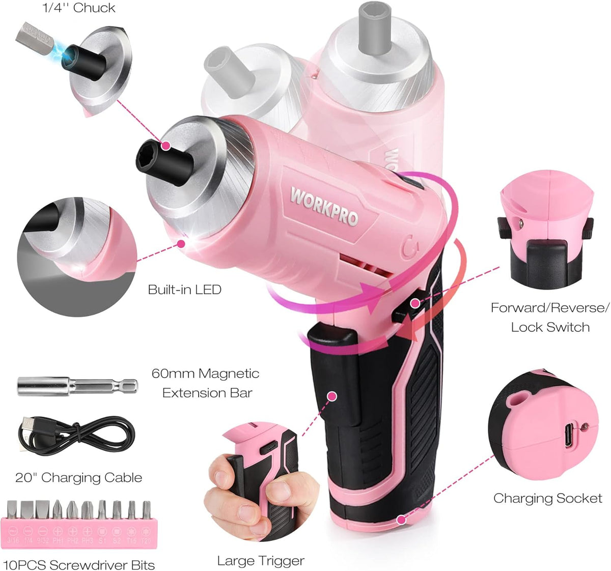 Pink Tool Set, 3.7V Electric Screwdriver Kit with Toolbox