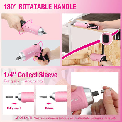 Pink Tool Set, 3.7V Electric Screwdriver Kit with Toolbox