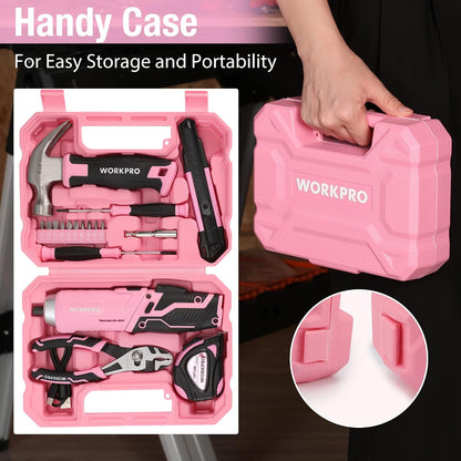Pink Tool Set, 3.7V Electric Screwdriver Kit with Toolbox