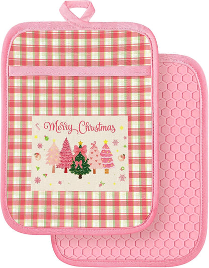 Silcone Christmas Pot Holders for Kitchen - 100% Cotton Pink Cute Oven Potholders with Pockets, Heat Resistant Square Thick Hot Pads, House New Home Baking Baker Gifts,2pack