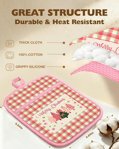 Silcone Christmas Pot Holders for Kitchen - 100% Cotton Pink Cute Oven Potholders with Pockets, Heat Resistant Square Thick Hot Pads, House New Home Baking Baker Gifts,2pack