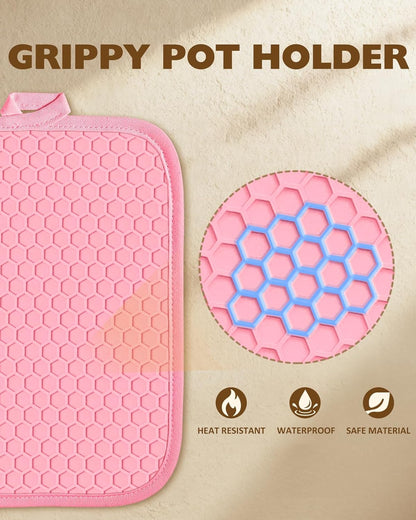 Silcone Christmas Pot Holders for Kitchen - 100% Cotton Pink Cute Oven Potholders with Pockets, Heat Resistant Square Thick Hot Pads, House New Home Baking Baker Gifts,2pack