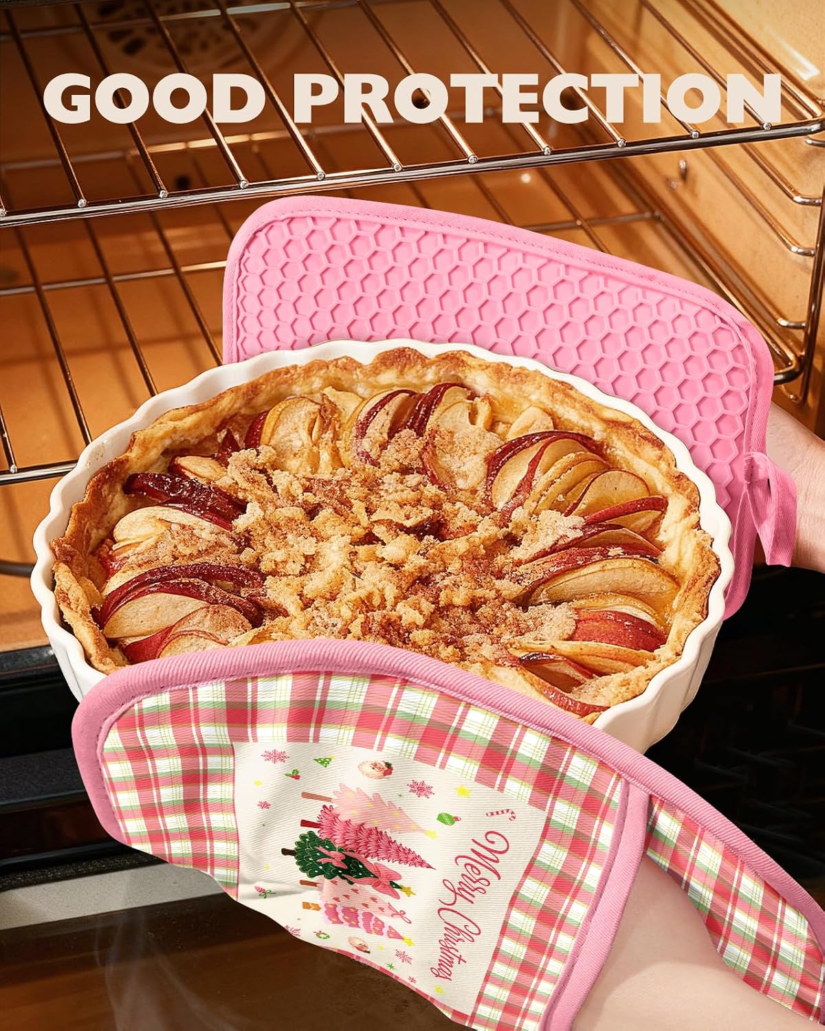 Silcone Christmas Pot Holders for Kitchen - 100% Cotton Pink Cute Oven Potholders with Pockets, Heat Resistant Square Thick Hot Pads, House New Home Baking Baker Gifts,2pack