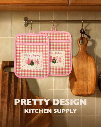 Silcone Christmas Pot Holders for Kitchen - 100% Cotton Pink Cute Oven Potholders with Pockets, Heat Resistant Square Thick Hot Pads, House New Home Baking Baker Gifts,2pack
