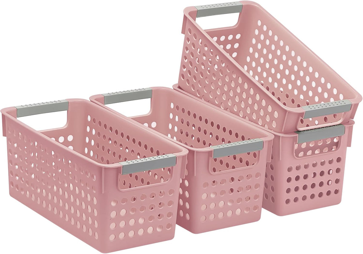 4 Pack Slim Plastic Storage Basket with Handles, Rectangular Storage Bins for Shelves,Narrow Organizer box for Organizing, Kitchen,Home,Office(Pink, Small)