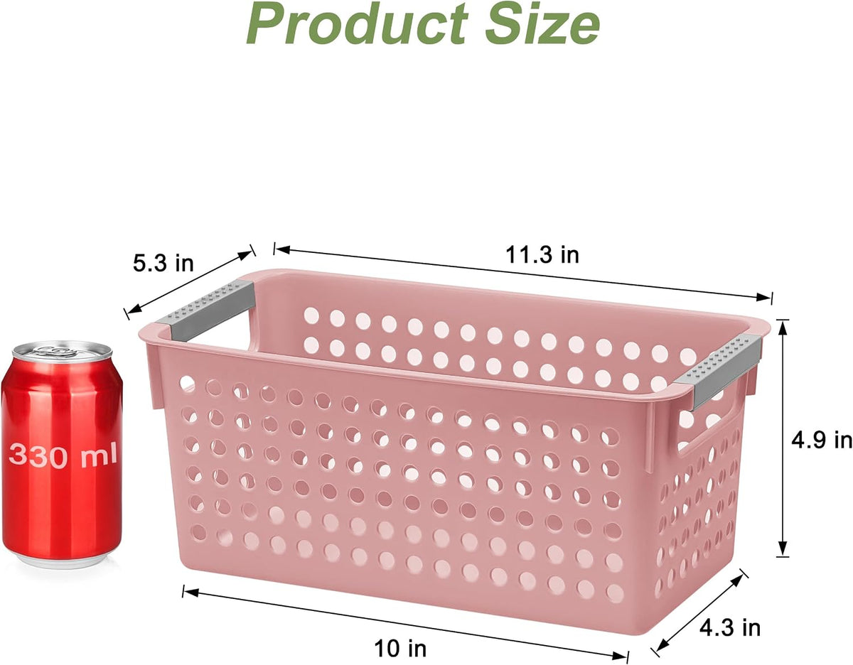 4 Pack Slim Plastic Storage Basket with Handles, Rectangular Storage Bins for Shelves,Narrow Organizer box for Organizing, Kitchen,Home,Office(Pink, Small)
