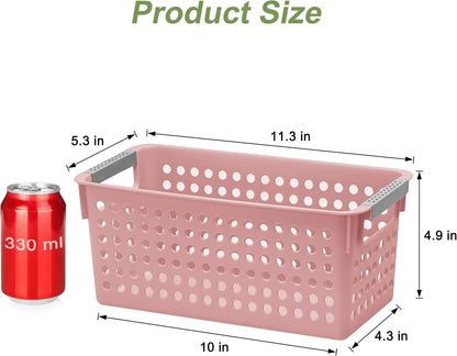 4 Pack Slim Plastic Storage Basket with Handles, Rectangular Storage Bins for Shelves,Narrow Organizer box for Organizing, Kitchen,Home,Office(Pink, Small)