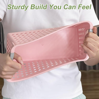 4 Pack Slim Plastic Storage Basket with Handles, Rectangular Storage Bins for Shelves,Narrow Organizer box for Organizing, Kitchen,Home,Office(Pink, Small)