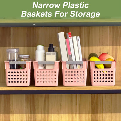 4 Pack Slim Plastic Storage Basket with Handles, Rectangular Storage Bins for Shelves,Narrow Organizer box for Organizing, Kitchen,Home,Office(Pink, Small)
