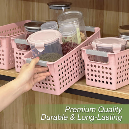 4 Pack Slim Plastic Storage Basket with Handles, Rectangular Storage Bins for Shelves,Narrow Organizer box for Organizing, Kitchen,Home,Office(Pink, Small)