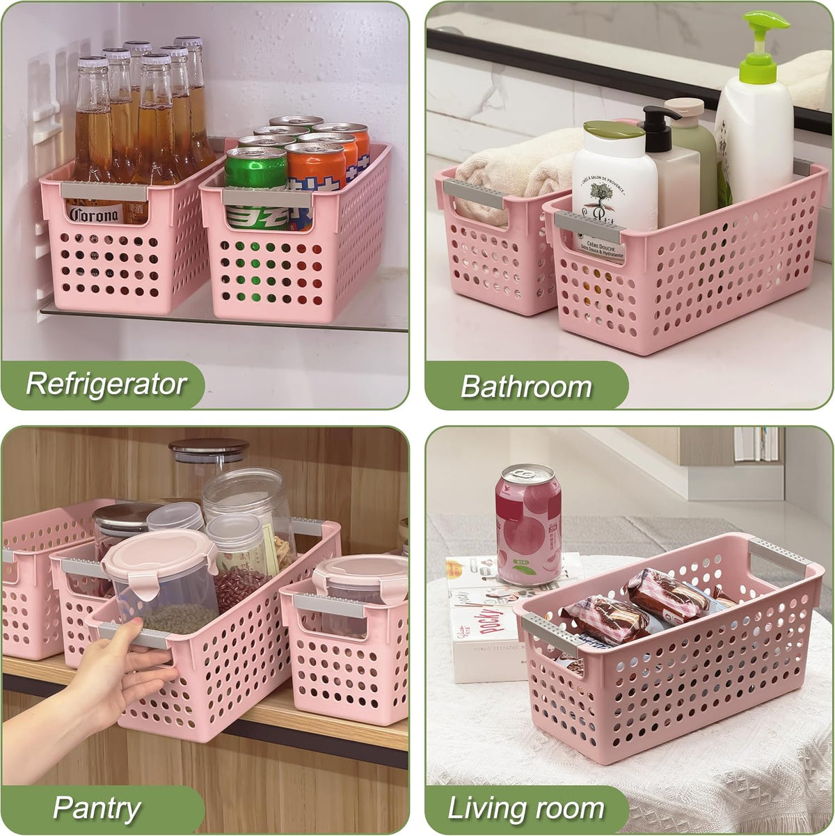 4 Pack Slim Plastic Storage Basket with Handles, Rectangular Storage Bins for Shelves,Narrow Organizer box for Organizing, Kitchen,Home,Office(Pink, Small)