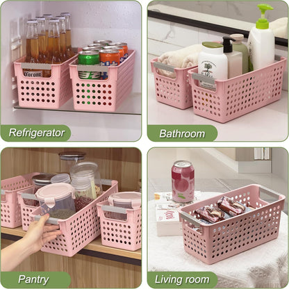 4 Pack Slim Plastic Storage Basket with Handles, Rectangular Storage Bins for Shelves,Narrow Organizer box for Organizing, Kitchen,Home,Office(Pink, Small)