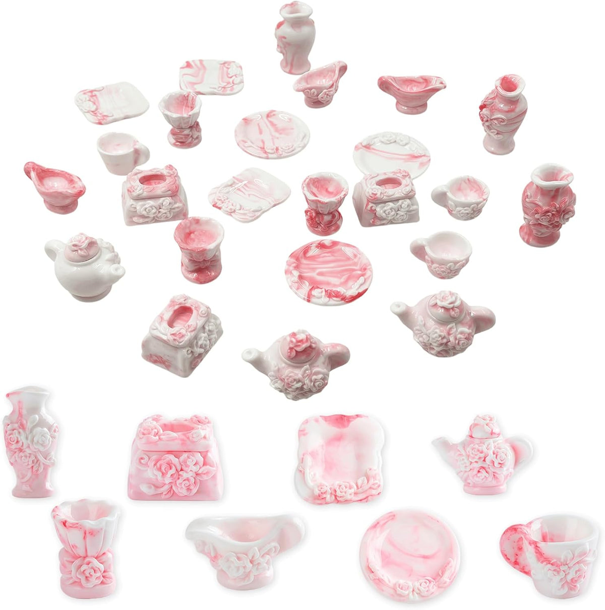 24PCS Mini Pink Tea Set Resin Figurines, Tiny Rose Relief Texture Vase Decor, Tea Set & Vase Ornaments for Desktop Fairy Garden Micro Landscape Bonsai Dollhouse Home Office Outdoor Decoration Gifts
