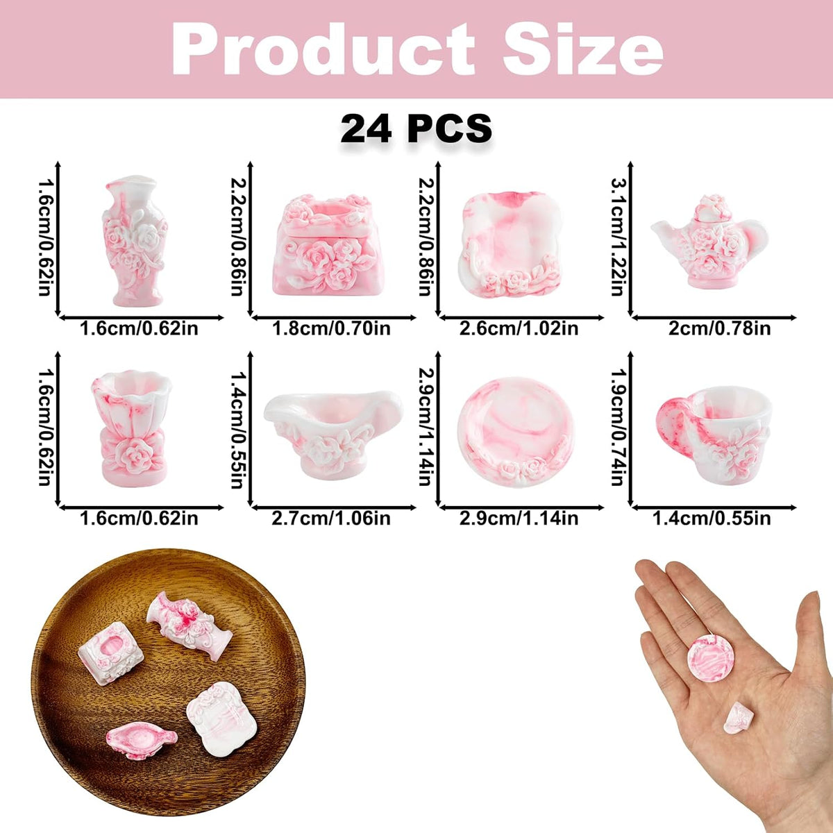 24PCS Mini Pink Tea Set Resin Figurines, Tiny Rose Relief Texture Vase Decor, Tea Set & Vase Ornaments for Desktop Fairy Garden Micro Landscape Bonsai Dollhouse Home Office Outdoor Decoration Gifts