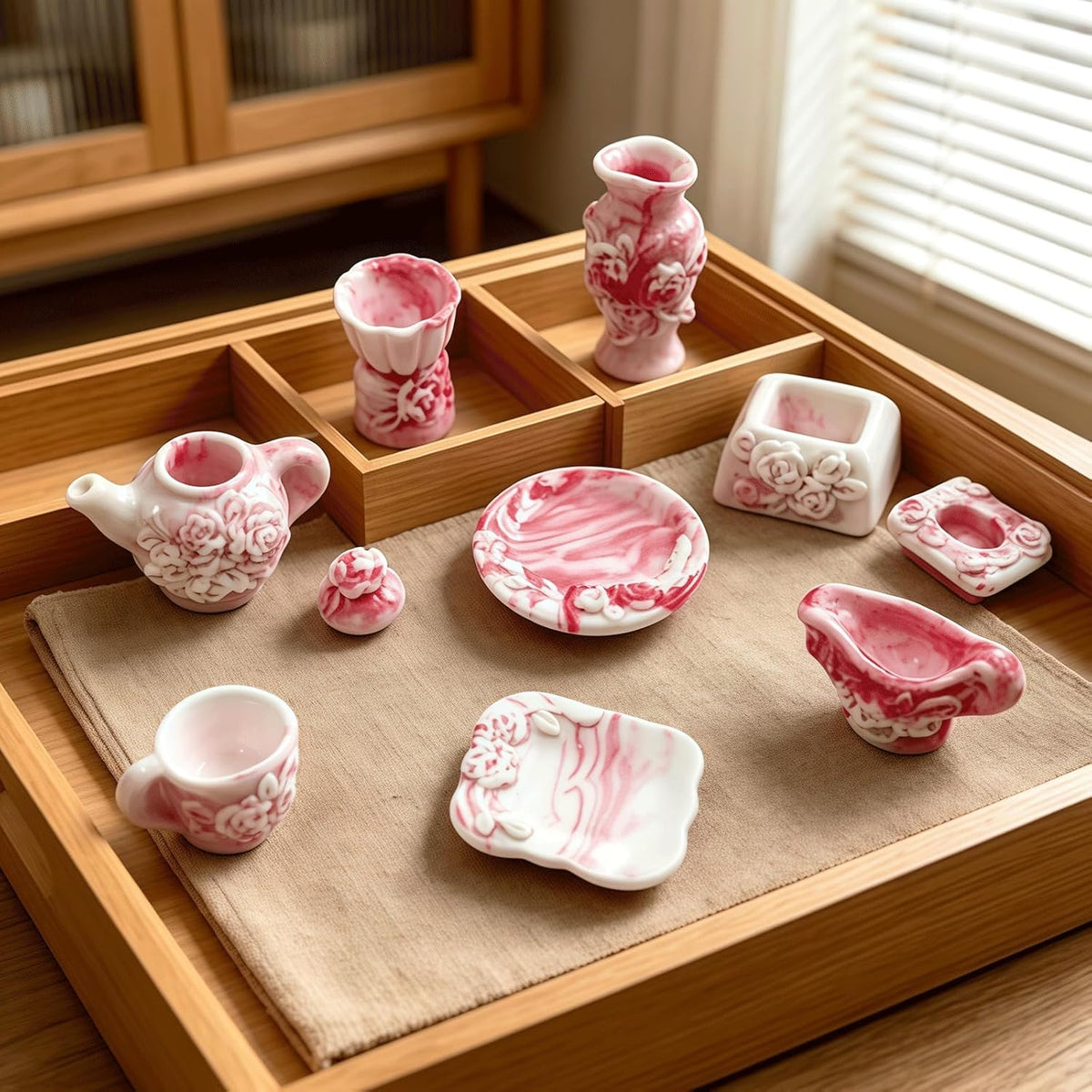 24PCS Mini Pink Tea Set Resin Figurines, Tiny Rose Relief Texture Vase Decor, Tea Set & Vase Ornaments for Desktop Fairy Garden Micro Landscape Bonsai Dollhouse Home Office Outdoor Decoration Gifts