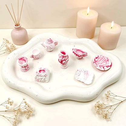 24PCS Mini Pink Tea Set Resin Figurines, Tiny Rose Relief Texture Vase Decor, Tea Set & Vase Ornaments for Desktop Fairy Garden Micro Landscape Bonsai Dollhouse Home Office Outdoor Decoration Gifts