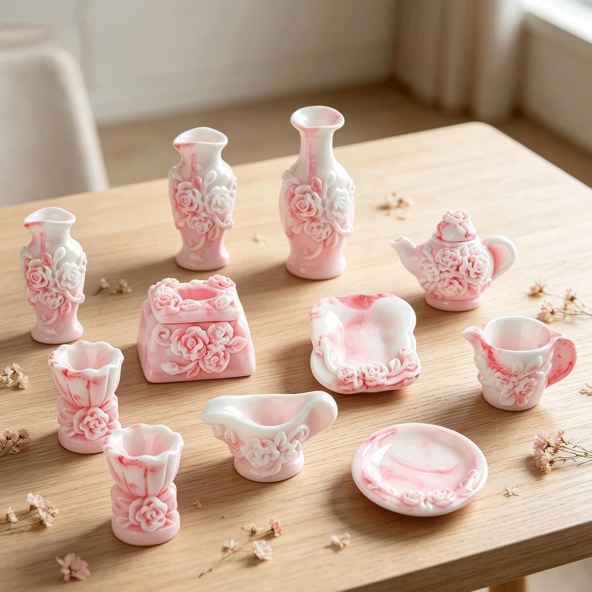 24PCS Mini Pink Tea Set Resin Figurines, Tiny Rose Relief Texture Vase Decor, Tea Set & Vase Ornaments for Desktop Fairy Garden Micro Landscape Bonsai Dollhouse Home Office Outdoor Decoration Gifts