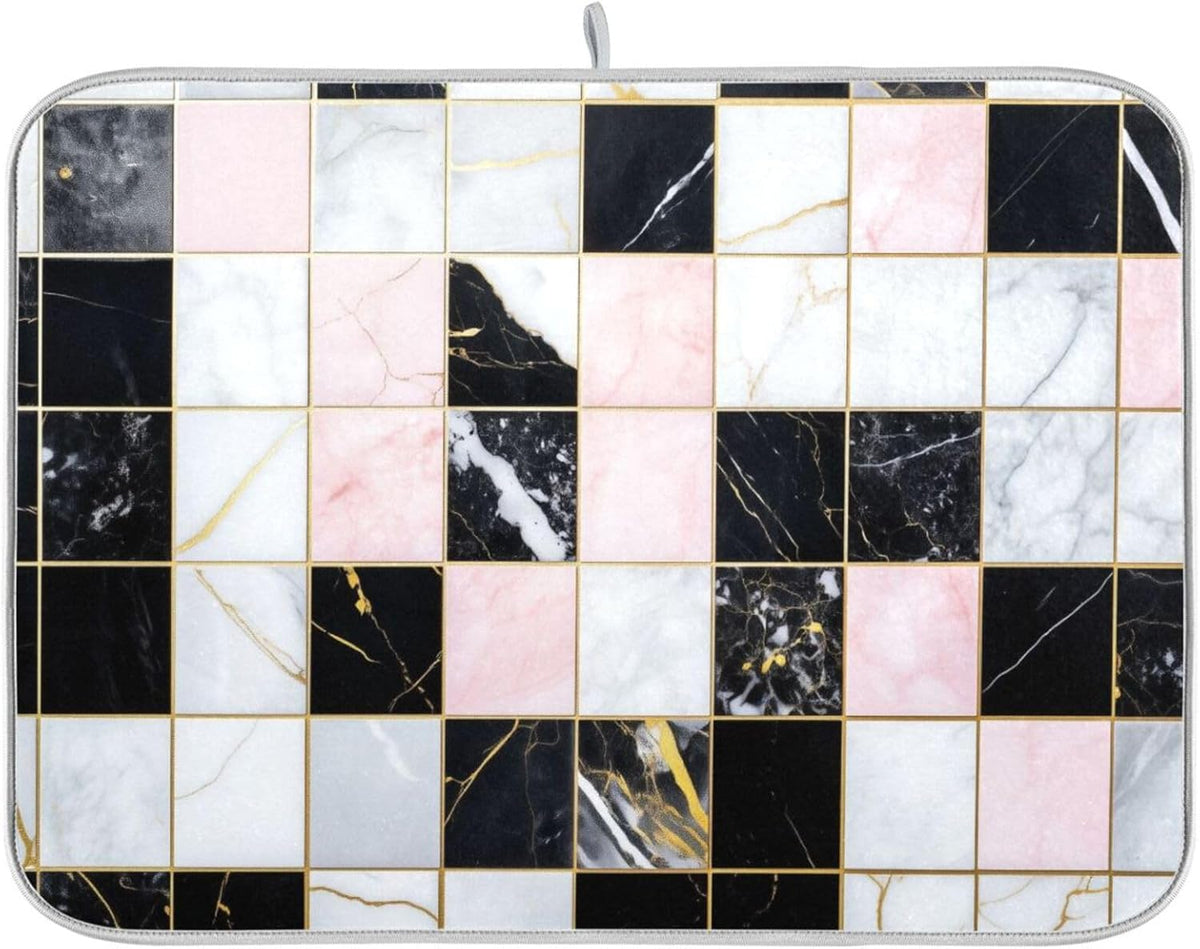Black White Pink Checks Marble Absorbent Dish Drying Mat Microfiber Kitchen Countertop Table Protector Multipurpose Counter Rack Sink Drainer Pad(24" x 18")