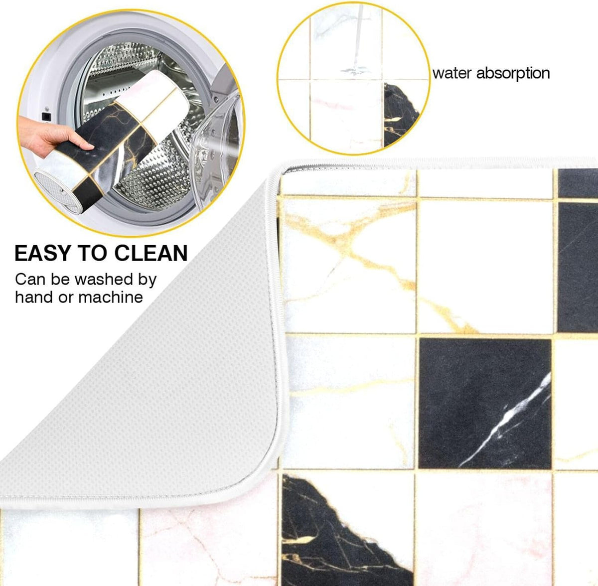 Black White Pink Checks Marble Absorbent Dish Drying Mat Microfiber Kitchen Countertop Table Protector Multipurpose Counter Rack Sink Drainer Pad(24" x 18")