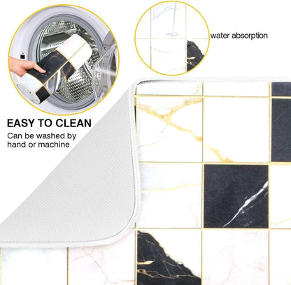 Black White Pink Checks Marble Absorbent Dish Drying Mat Microfiber Kitchen Countertop Table Protector Multipurpose Counter Rack Sink Drainer Pad(24" x 18")