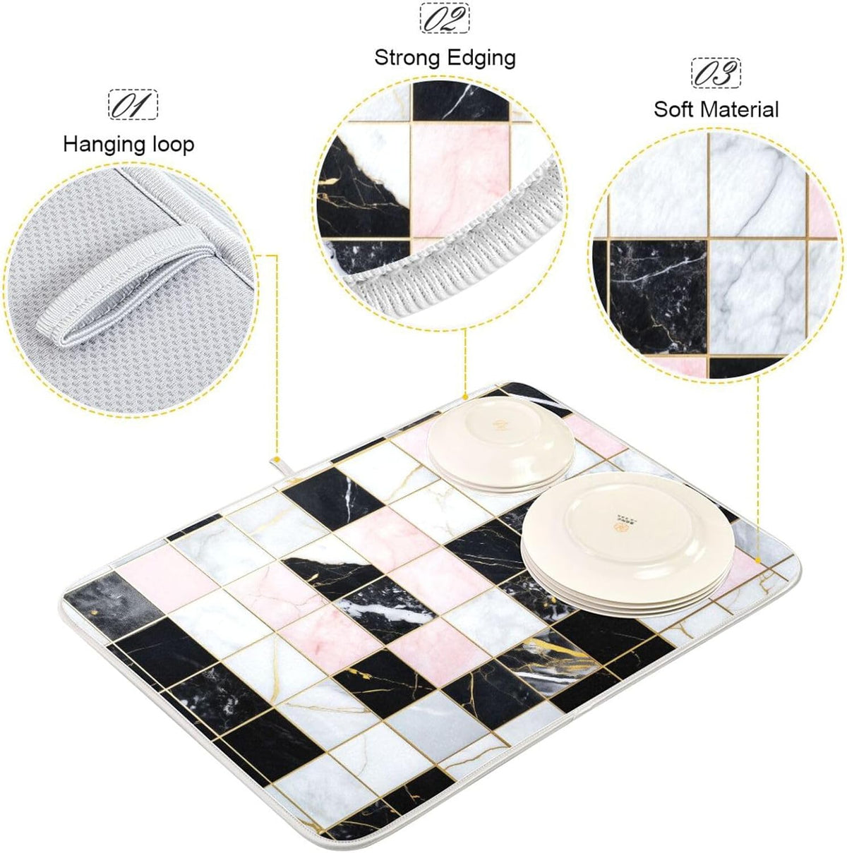 Black White Pink Checks Marble Absorbent Dish Drying Mat Microfiber Kitchen Countertop Table Protector Multipurpose Counter Rack Sink Drainer Pad(24" x 18")