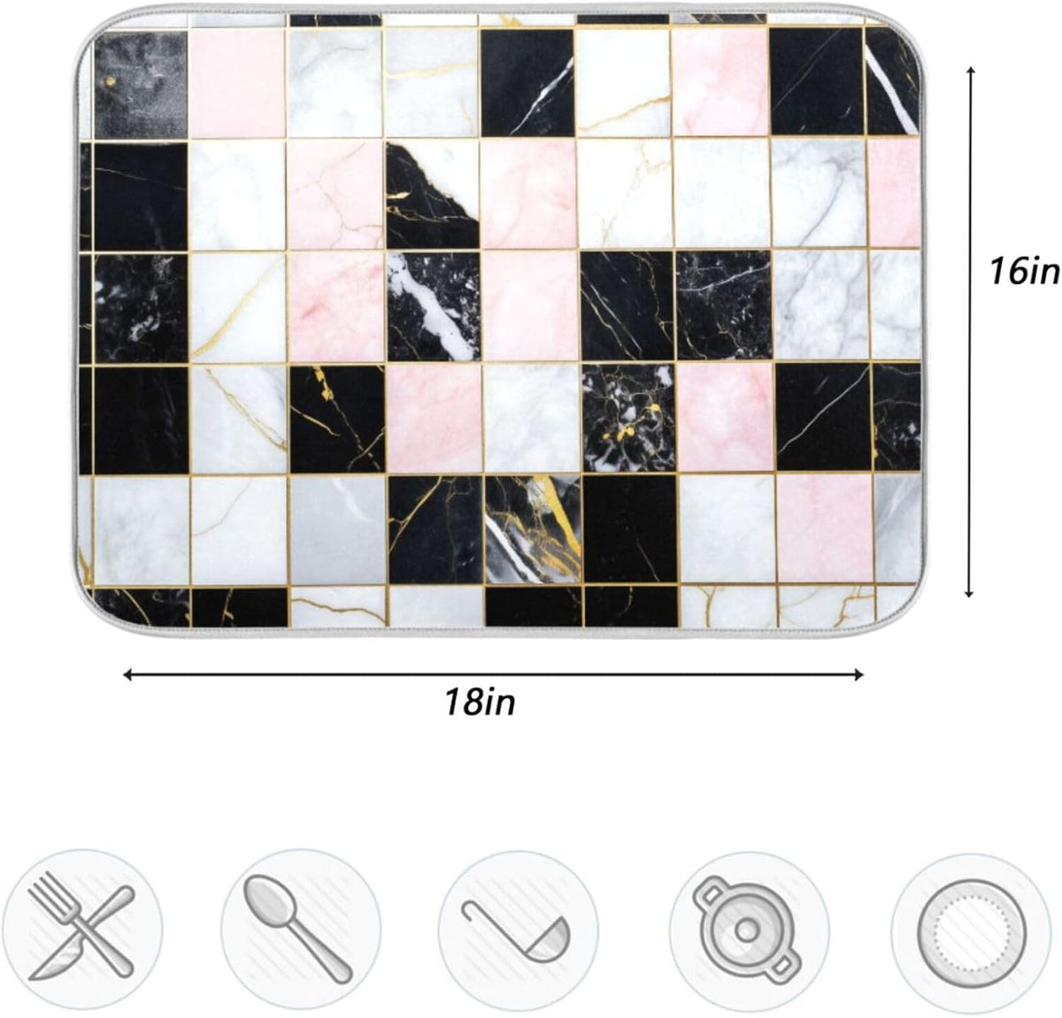 Black White Pink Checks Marble Absorbent Dish Drying Mat Microfiber Kitchen Countertop Table Protector Multipurpose Counter Rack Sink Drainer Pad(24" x 18")