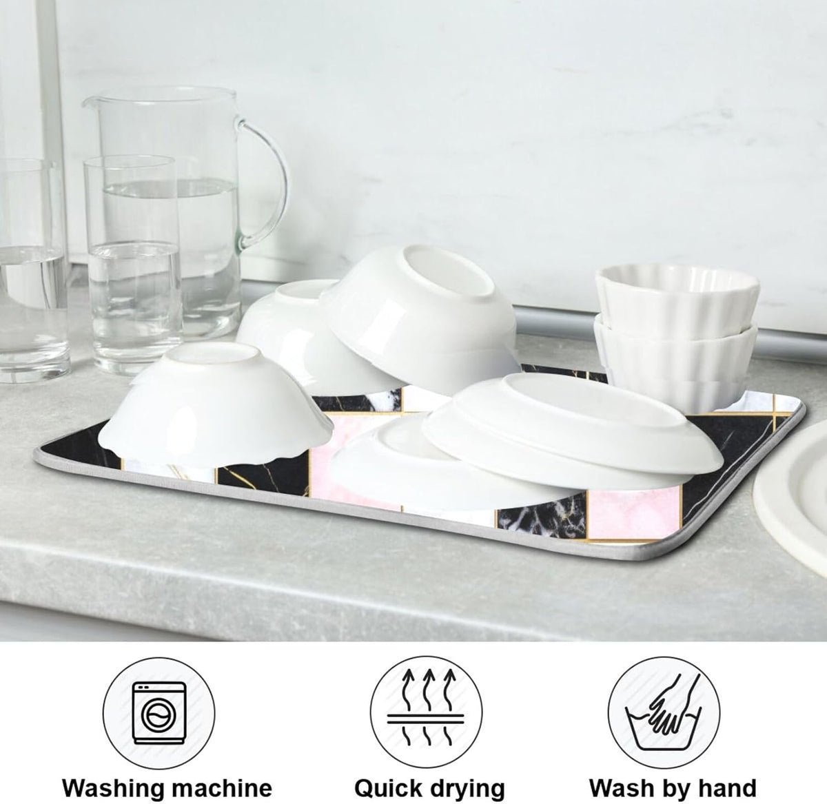 Black White Pink Checks Marble Absorbent Dish Drying Mat Microfiber Kitchen Countertop Table Protector Multipurpose Counter Rack Sink Drainer Pad(24" x 18")