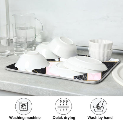 Black White Pink Checks Marble Absorbent Dish Drying Mat Microfiber Kitchen Countertop Table Protector Multipurpose Counter Rack Sink Drainer Pad(24" x 18")