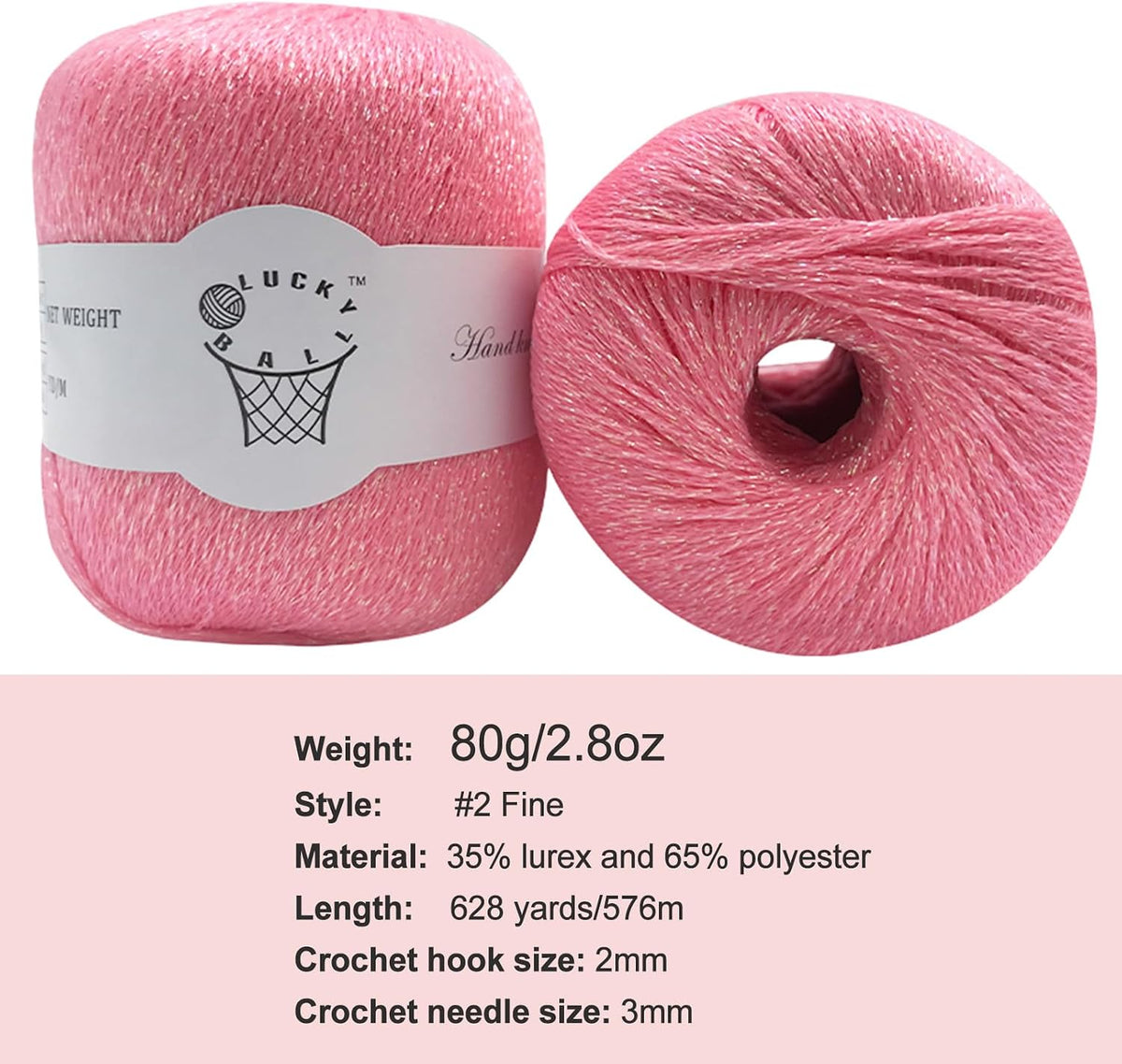 80g Sparkle Silver Lurex Thread Shining Yarn, Metallic Crochet Thread Yarn for Crocheting, Sparkle Metallic for Knitting Clothes, Car Charm, Keychain Charm(Pink)