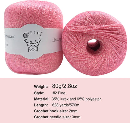 80g Sparkle Silver Lurex Thread Shining Yarn, Metallic Crochet Thread Yarn for Crocheting, Sparkle Metallic for Knitting Clothes, Car Charm, Keychain Charm(Pink)