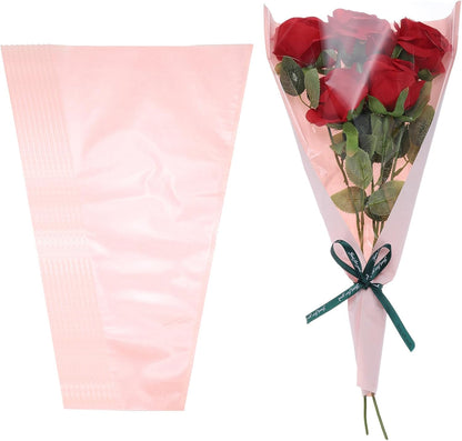 Flower Wrapping Bag, Kraft Paper 50 Pack, Pink Floral Bouquet Packing Sleeves for Wedding Birthday Graduation Anniversary Arrangement Gift, 17.3x11x3.5