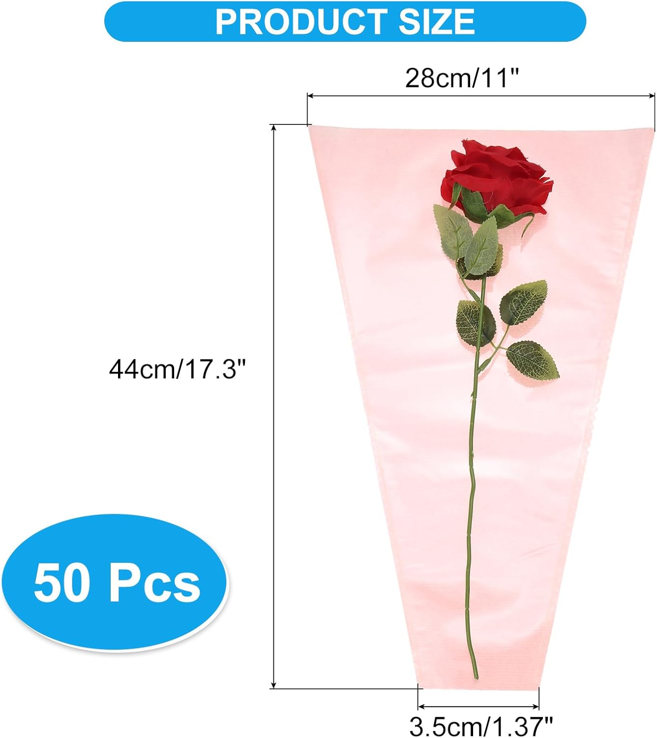 Flower Wrapping Bag, Kraft Paper 50 Pack, Pink Floral Bouquet Packing Sleeves for Wedding Birthday Graduation Anniversary Arrangement Gift, 17.3x11x3.5