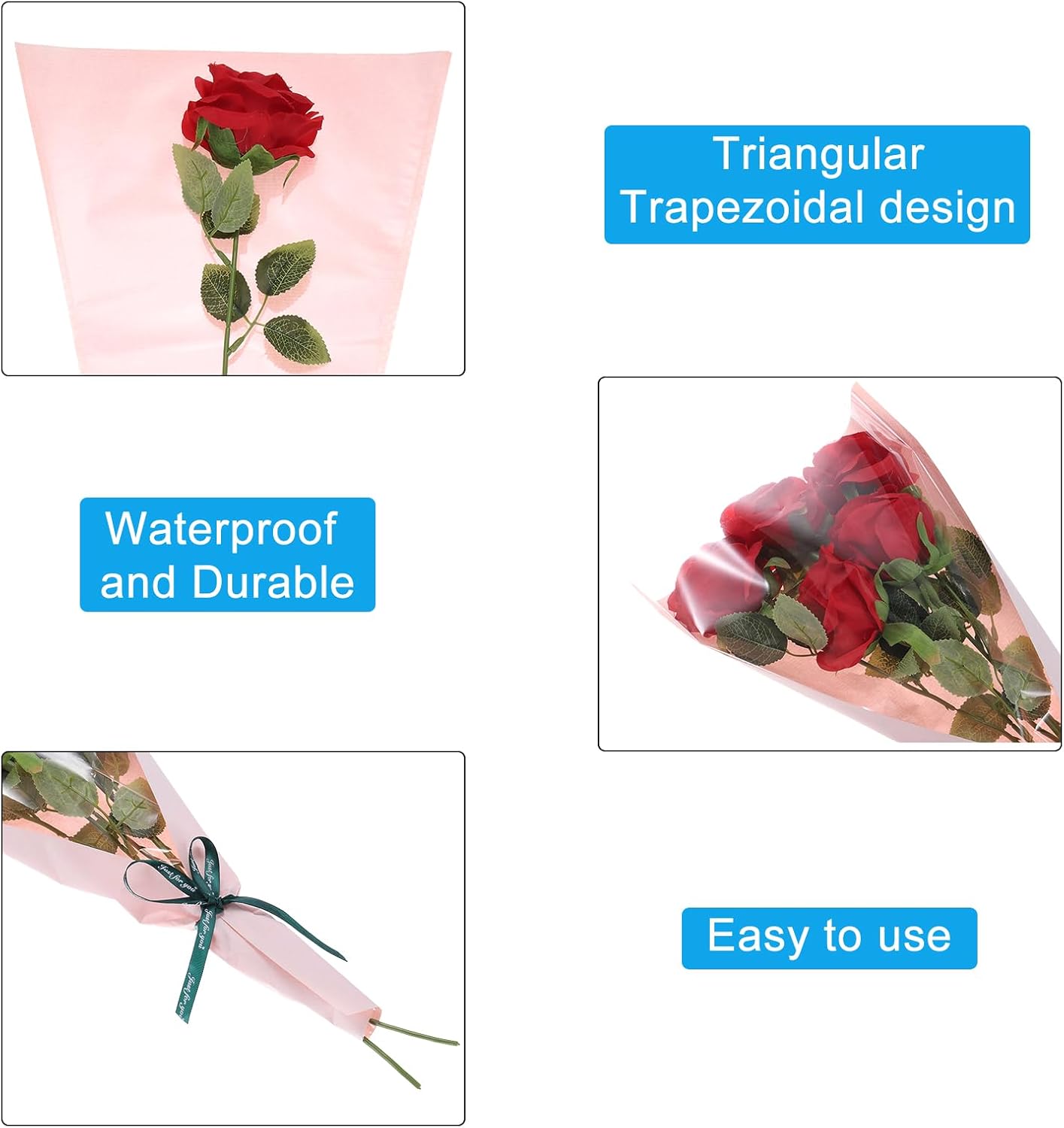 Flower Wrapping Bag, Kraft Paper 50 Pack, Pink Floral Bouquet Packing Sleeves for Wedding Birthday Graduation Anniversary Arrangement Gift, 17.3x11x3.5
