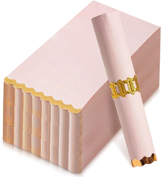 Pink Gold Foil Scalloped Edge Dinner Napkins 50 Pack - Elegant Disposable Guest Napkins for Wedding, Bridal Shower, Baby Shower, Birthday & Valentine's Day (4 x 8 Inches)