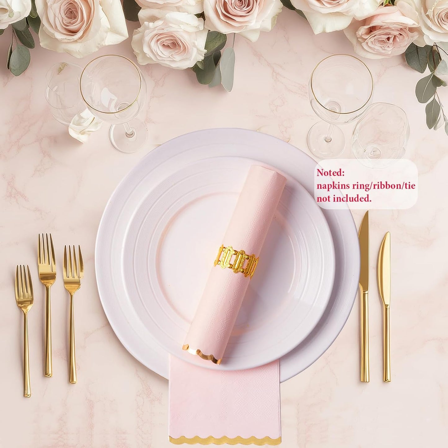 Pink Gold Foil Scalloped Edge Dinner Napkins 50 Pack - Elegant Disposable Guest Napkins for Wedding, Bridal Shower, Baby Shower, Birthday & Valentine's Day (4 x 8 Inches)