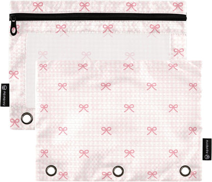 Pencil Pouch for 3 Ring Binder Pink Checkered and Bows 2 Pack Clear Window Pencil Bags with Zipper Pencil Case