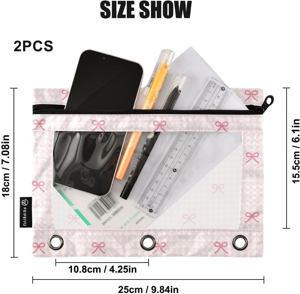 Pencil Pouch for 3 Ring Binder Pink Checkered and Bows 2 Pack Clear Window Pencil Bags with Zipper Pencil Case