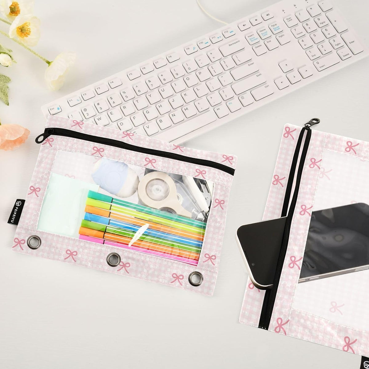 Pencil Pouch for 3 Ring Binder Pink Checkered and Bows 2 Pack Clear Window Pencil Bags with Zipper Pencil Case
