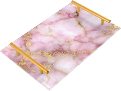 Golden Texture Pink Marble Bathroom Perfume Vanity Tray Acrylic Serving Tray with Handles Decorative Party Platters for Coffee Tea Table Kitchen Countertop