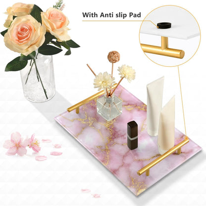 Golden Texture Pink Marble Bathroom Perfume Vanity Tray Acrylic Serving Tray with Handles Decorative Party Platters for Coffee Tea Table Kitchen Countertop
