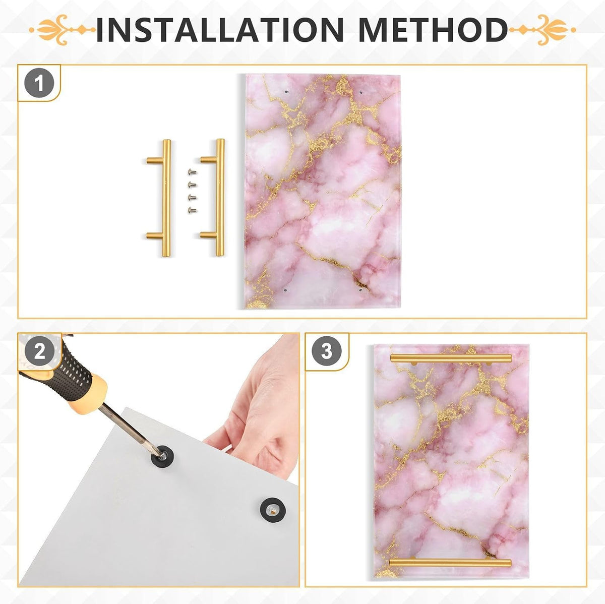 Golden Texture Pink Marble Bathroom Perfume Vanity Tray Acrylic Serving Tray with Handles Decorative Party Platters for Coffee Tea Table Kitchen Countertop