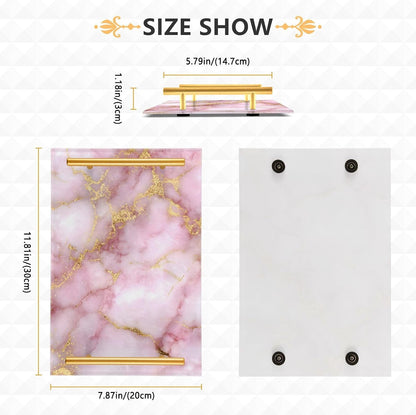 Golden Texture Pink Marble Bathroom Perfume Vanity Tray Acrylic Serving Tray with Handles Decorative Party Platters for Coffee Tea Table Kitchen Countertop
