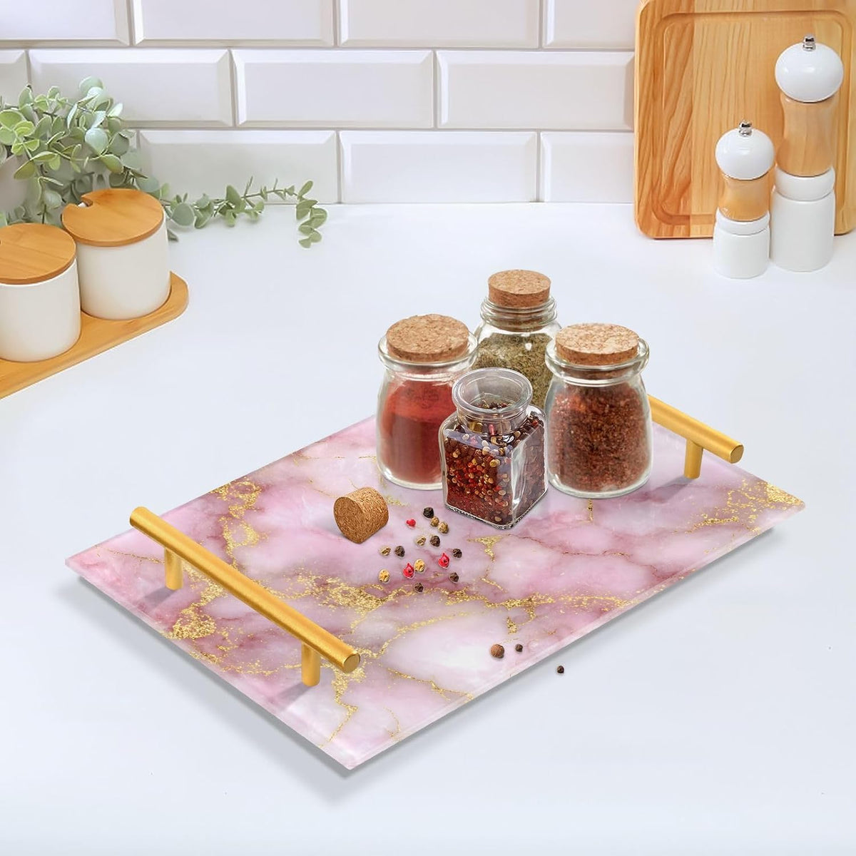Golden Texture Pink Marble Bathroom Perfume Vanity Tray Acrylic Serving Tray with Handles Decorative Party Platters for Coffee Tea Table Kitchen Countertop