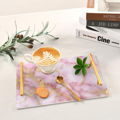 Golden Texture Pink Marble Bathroom Perfume Vanity Tray Acrylic Serving Tray with Handles Decorative Party Platters for Coffee Tea Table Kitchen Countertop