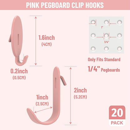 20PC Pink Pegboard Clip Hooks for Thin Metal 1/4 Inch Pegboard