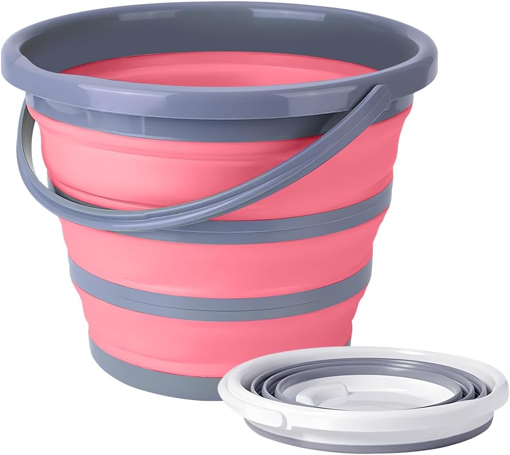 Car Collapsible Bucket, 10L 2.6 Gallon Foldable Portable Vehicle Folding Bucket, Universal Automotive Cleaning Bucket Accessories for Indoor Outdoor Car Washing Garden Camping (Gray/Pink)