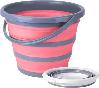 Car Collapsible Bucket, 10L 2.6 Gallon Foldable Portable Vehicle Folding Bucket, Universal Automotive Cleaning Bucket Accessories for Indoor Outdoor Car Washing Garden Camping (Gray/Pink)